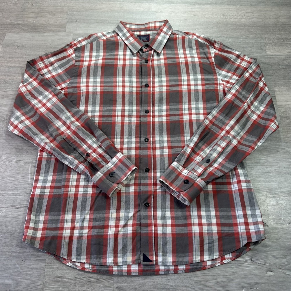 UNTUCKit Shirt Mens XL Gray Red Plaid Long Sleeve Slim Fit Button Up Casual